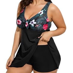 Yonique Swim Dress Tankini 2 Piece Blk Floral Hawaiian Swimsuit NEW Sz‎ 24W #223